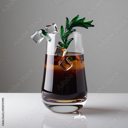 Elegant Glass Sculpture of Tamarind Juice with Leaf Garnish and Glossy Finish, generative ai photo