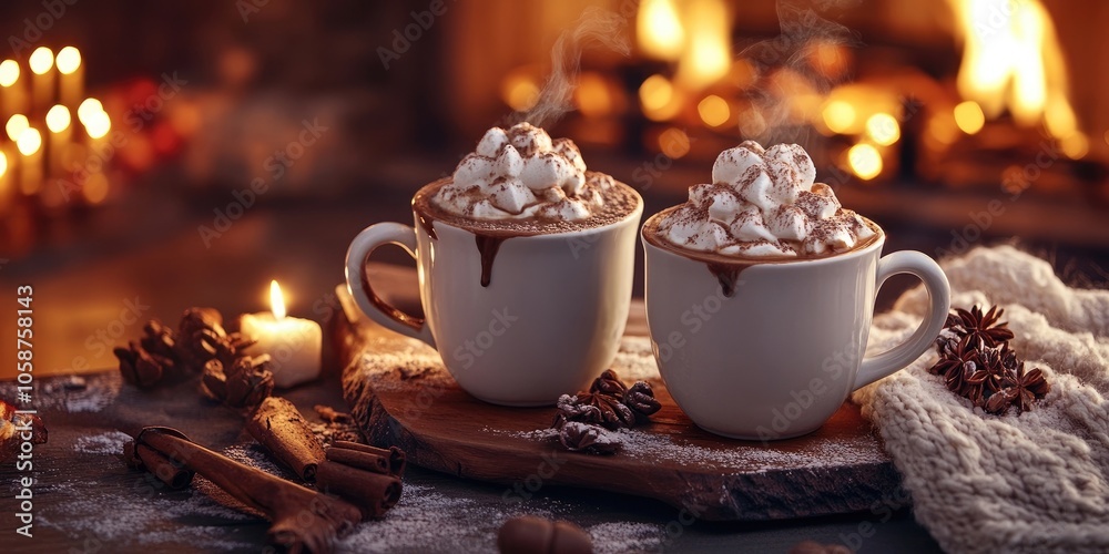 Fototapeta premium Enjoy and rejoice with friends at a warm and inviting hot cocoa gathering, perfect for sipping and celebrating together in a cozy atmosphere.