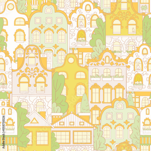 Playful seamless vector pattern with multi-colored houses