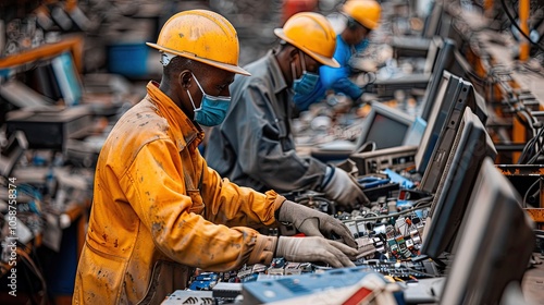 Workers in Safety Gear Sorting Electronic Materials at an E-Waste Recycling Plant, Emphasizing Responsible Waste Management Practices and Commitment to Environmental Sustainability