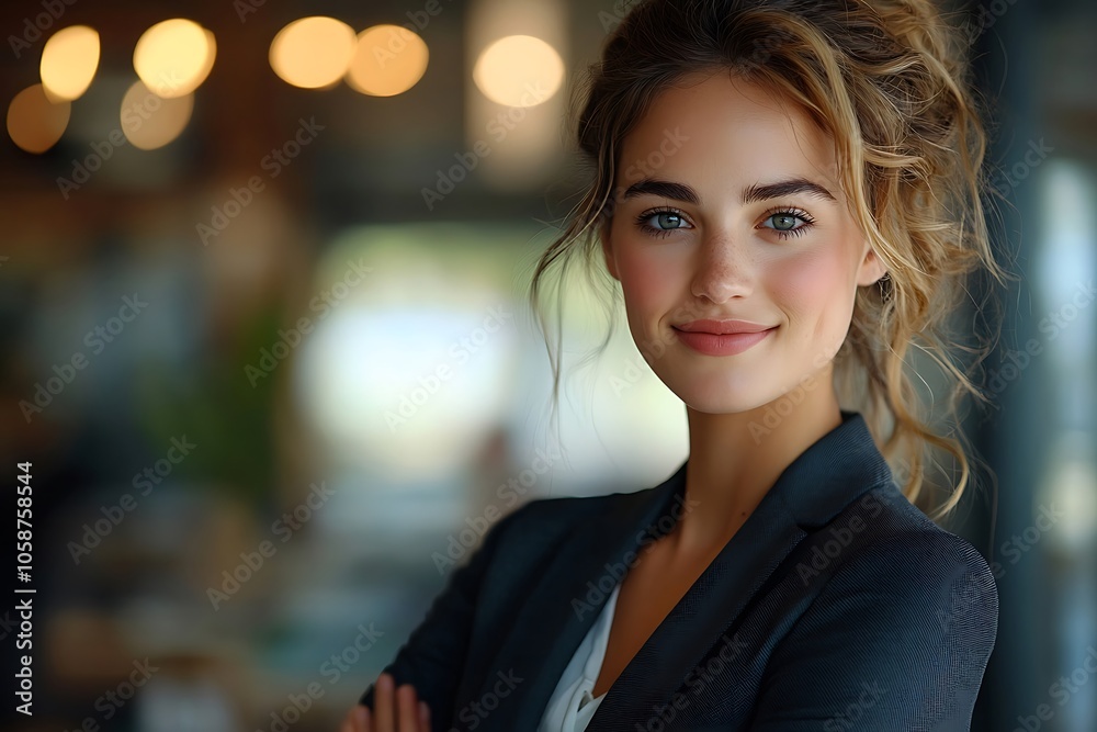 Freckled Businesswoman in Blazer with Green Eyes and Bokeh Lights Freckled Businesswoman in Blazer with Green Eyes and Bokeh Lights