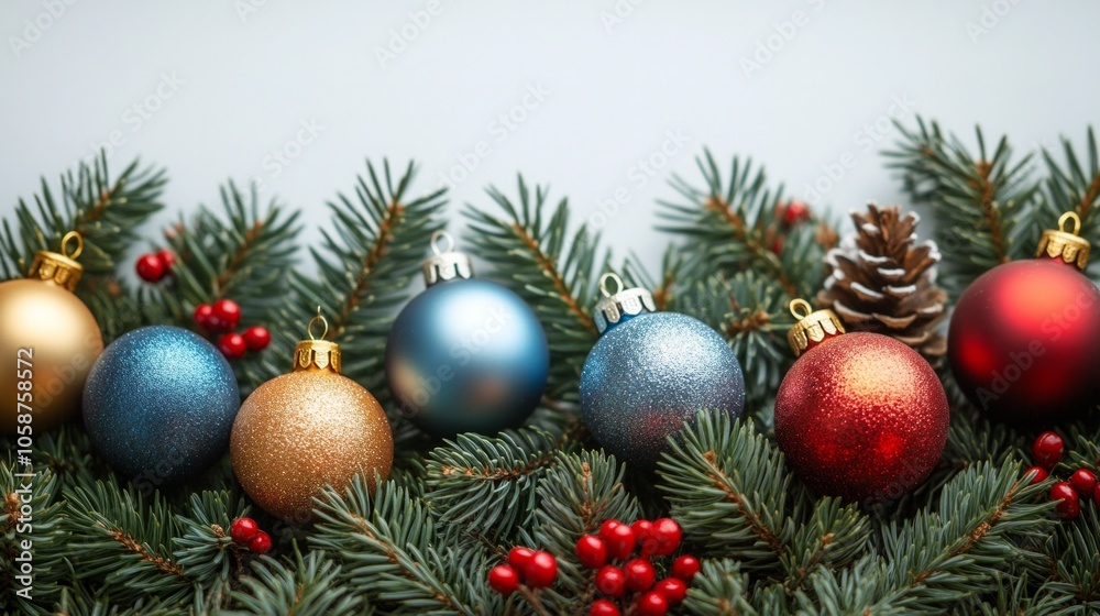 A row of Christmas ornaments on a tree A row of Christmas ornaments on a tree