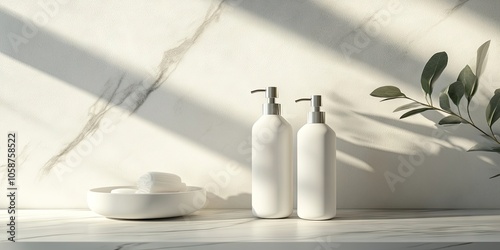 Mockup of white pump bottles designed for packaging cosmetics and bathroom products, showcasing a sleek and modern appearance for appealing product presentation.