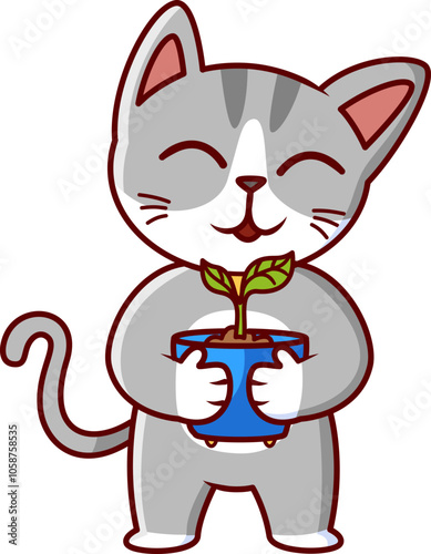happy cat carrying a sprout plant in pot Vector Illustration Icon. Flat Cartoon Style
