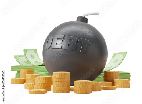 A black bomb labeled DEBT surrounded by stacks of green cash and golden coins on a white background. Concept of financial burden. 3D Rendering photo