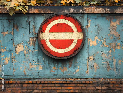 Photo of a Rundown Blue Wall with Red and White Round Sign