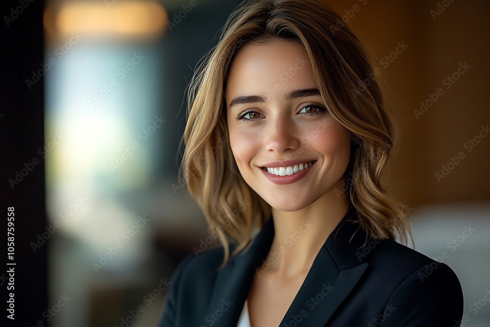 Naklejka premium Gorgeous Woman Headshot with Confident Smile in Soft Focus Natural Light.