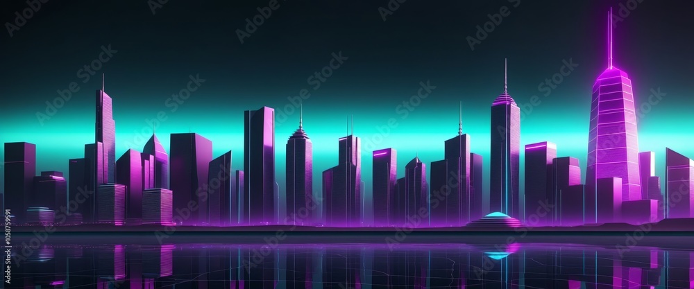 Futuristic neon cityscape at night with reflections Futuristic neon cityscape at night with reflections