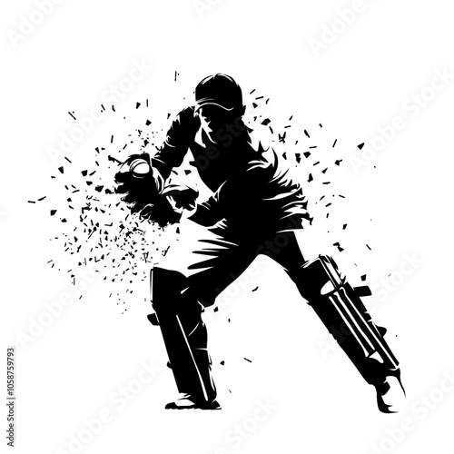 Cricket player, wicket-keeper catching ball, isolated vector silhouette