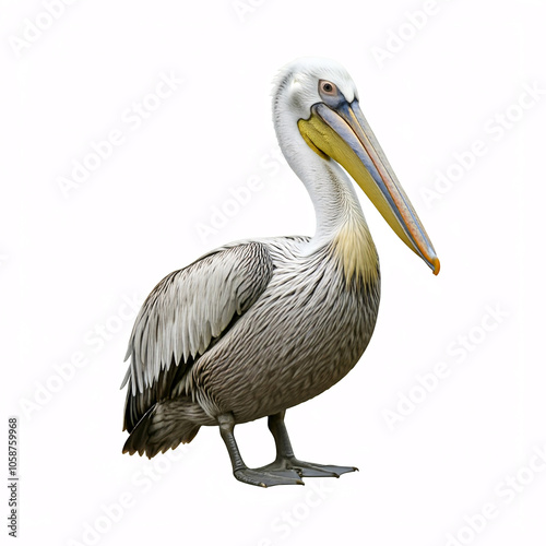 A large pelican with a distinctive yellow pouch, standing on a white background