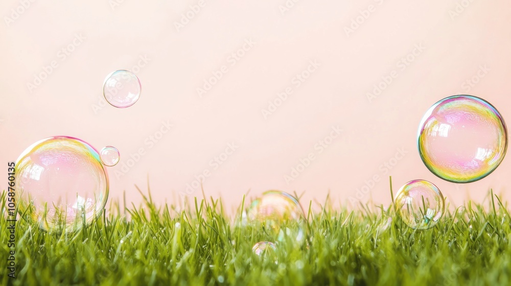 Bubbles floating above lush green grass with a soft background. Bubbles floating above lush green grass with a soft background.