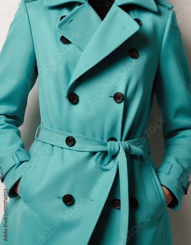 Stylish woman in a vibrant turquoise trench coat, demonstrating modern fashion and elegance.