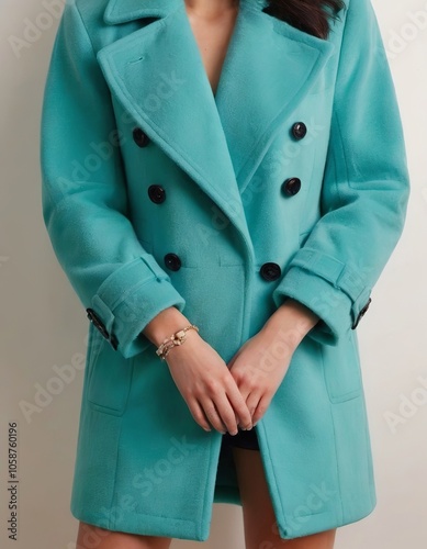 Stylish woman in a vibrant turquoise coat showcasing a chic and modern look.