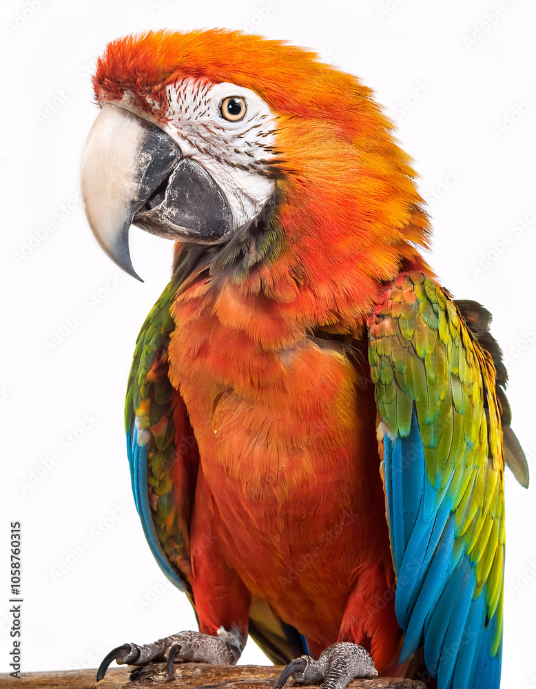 A vibrant Scarlet Macaw parrot with a red head, green wings, and a curious expression, perched on a wooden branch against a white background A vibrant Scarlet Macaw parrot with a red head, green wings, and a curious expression, perched on a wooden branch against a white background
