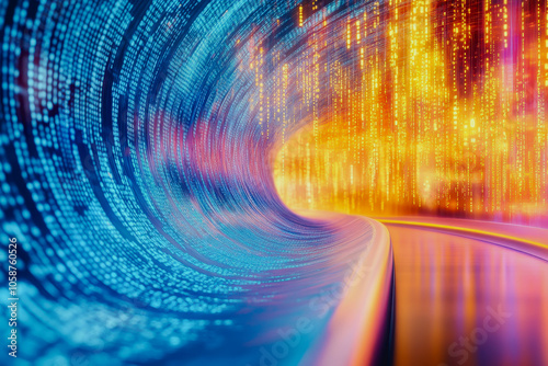 A vibrant digital wave stream illuminated by flowing data code, creating an abstract and futuristic atmosphere. Perfect for technology and digital art themes.