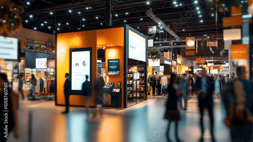 Modern trade show exhibition with booths displaying products and services, numerous attendees interacting, and a well-lit environment with digital screens and promotional materials.