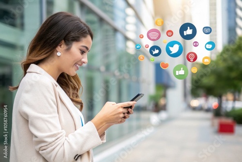 Woman using smartphone with social media icons.