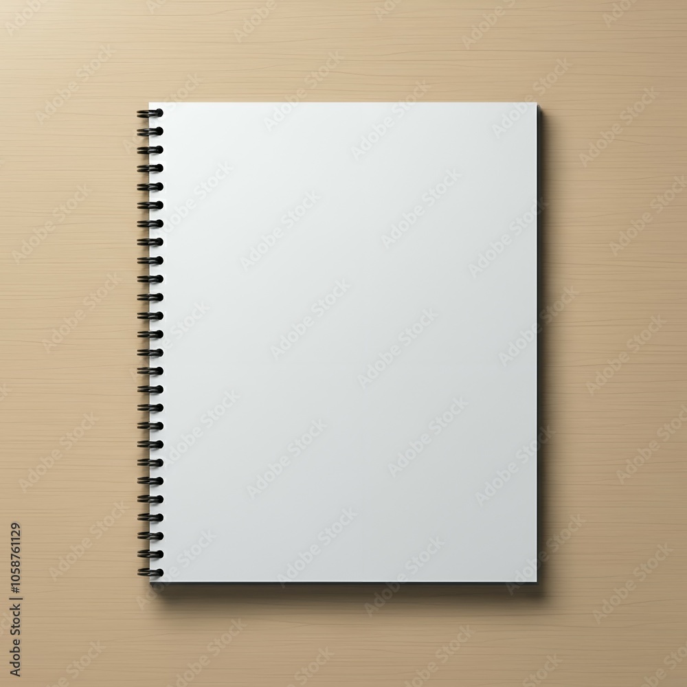 A blank spiral notebook on a beige surface. A blank spiral notebook on a beige surface.
