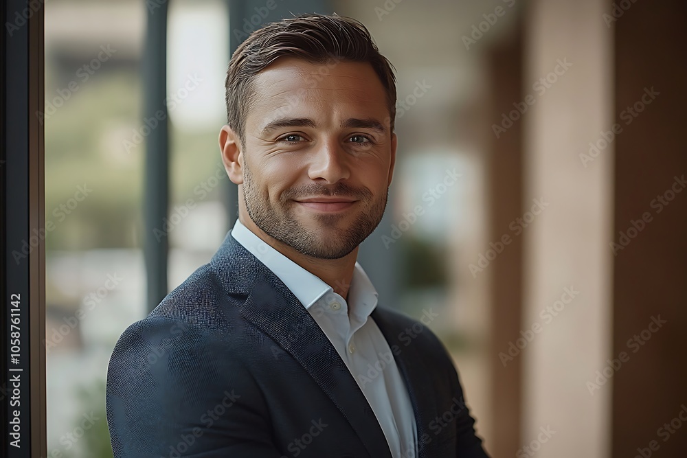 Handsome Businessman in Navy Blue Suit Smiling by Window Handsome Businessman in Navy Blue Suit Smiling by Window