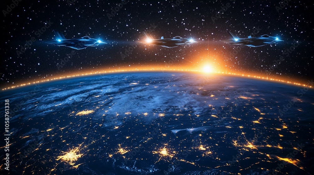 Stunning view of Earth from space during sunrise reveals city lights and starry sky Stunning view of Earth from space during sunrise reveals city lights and starry sky