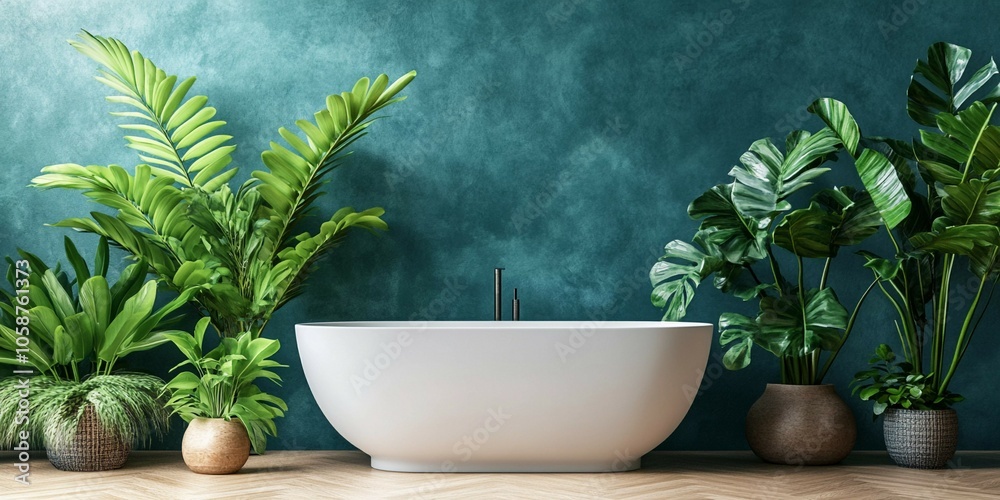 Relaxing bathroom with a stylish freestanding tub and lush greenery in a serene atmosphere Relaxing bathroom with a stylish freestanding tub and lush greenery in a serene atmosphere