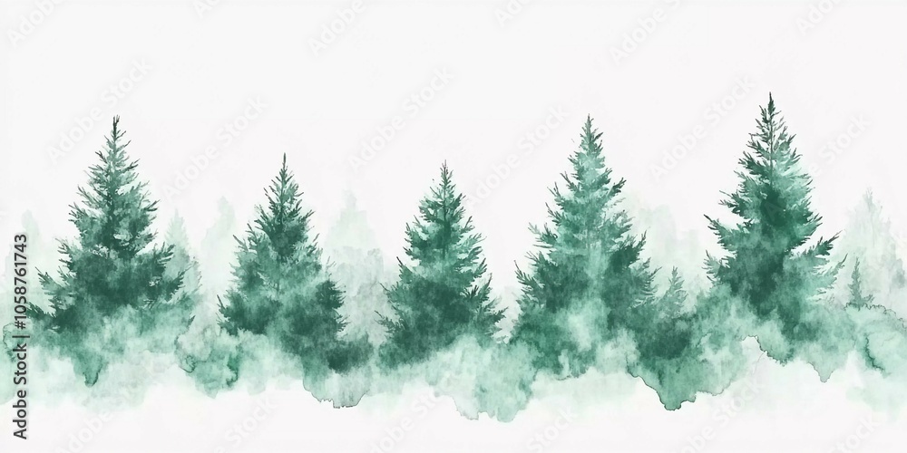 Obraz premium Lush green watercolor forest illustration with misty background showcasing evergreen trees