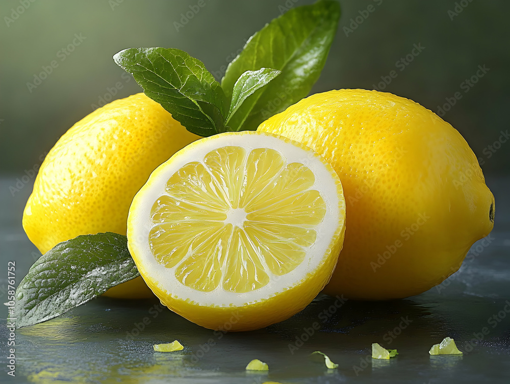 Realistic Image of Freshly Cut Lemon and Whole Lemons with Leaves Realistic Image of Freshly Cut Lemon and Whole Lemons with Leaves