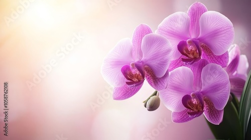 Close Up of Beautiful Blooming Pink Phalaenopsis Orchid Flowers on a Light Background