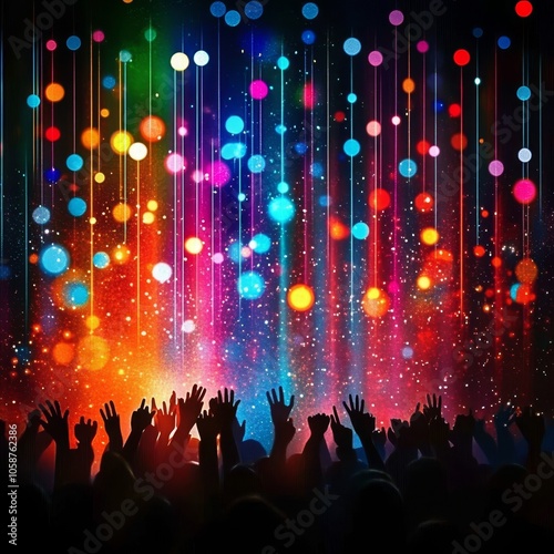 Silhouetted Crowd with Raised Hands at a Concert, Festive Stage Lighting with Colorful Bokeh Effect