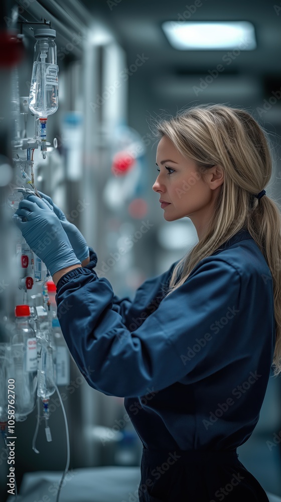 A nurse expertly adjusts intravenous lines in a hospital, focusing on providing vital care to patients. The environment is filled with medical equipment A nurse expertly adjusts intravenous lines in a hospital, focusing on providing vital care to patients. The environment is filled with medical equipment