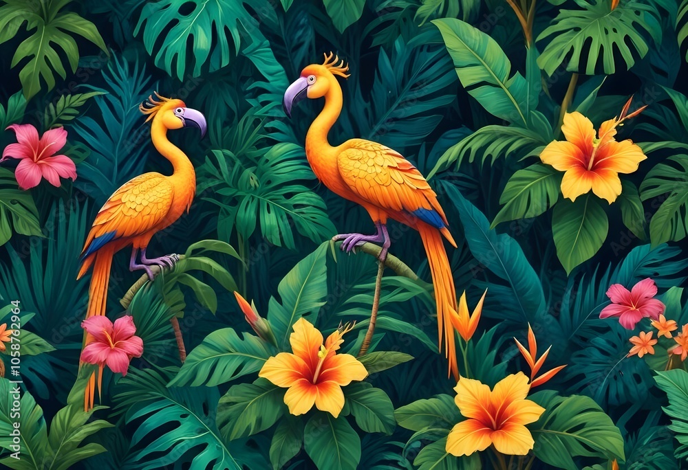 Fototapeta Tropical exotic pattern with animal and flowers in bright colors and lush vegetationn