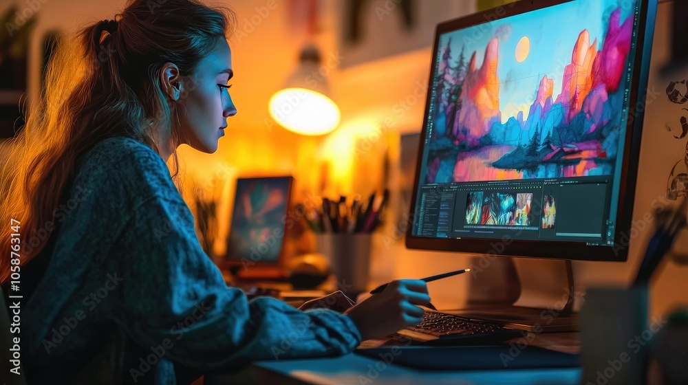 Creative Woman Using Graphics Pen on Digital Tablet for Fantasy Artwork in Dimly Lit Workspace Creative Woman Using Graphics Pen on Digital Tablet for Fantasy Artwork in Dimly Lit Workspace