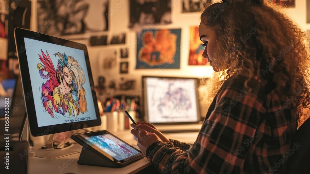 Creative Woman Using Graphics Pen on Digital Tablet for Fantasy Artwork in Dimly Lit Workspace Creative Woman Using Graphics Pen on Digital Tablet for Fantasy Artwork in Dimly Lit Workspace