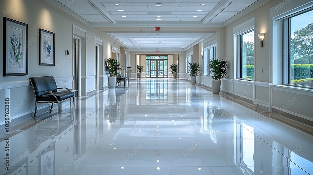 Obraz premium A janitor diligently cleans the polished floor of a hospital hallway, ensuring a hygienic environment for patients and visitors in a calm setting