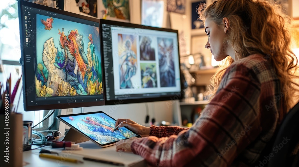 Creative Woman Using Graphics Pen on Digital Tablet for Fantasy Artwork in Dimly Lit Workspace Creative Woman Using Graphics Pen on Digital Tablet for Fantasy Artwork in Dimly Lit Workspace