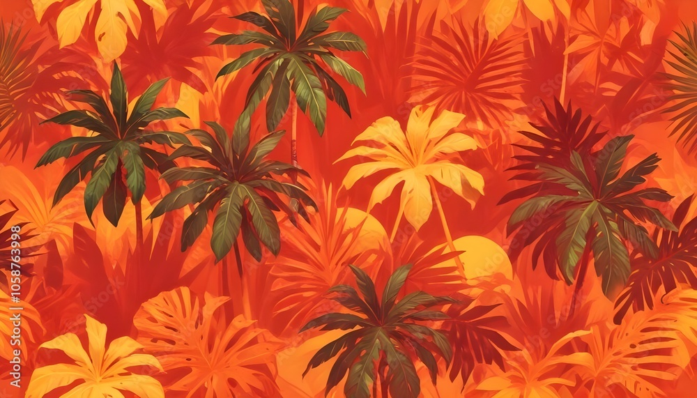 Tropical exotic pattern with animal and flowers in bright colors and lush vegetationn Tropical exotic pattern with animal and flowers in bright colors and lush vegetationn