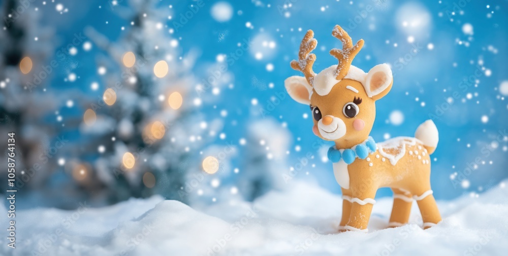 A cute gingerbread reindeer with frosted antlers and a blue bow stands in the snow against a festive, blurred blue background with falling snowflakes, capturing holiday spirit and joy. A cute gingerbread reindeer with frosted antlers and a blue bow stands in the snow against a festive, blurred blue background with falling snowflakes, capturing holiday spirit and joy.