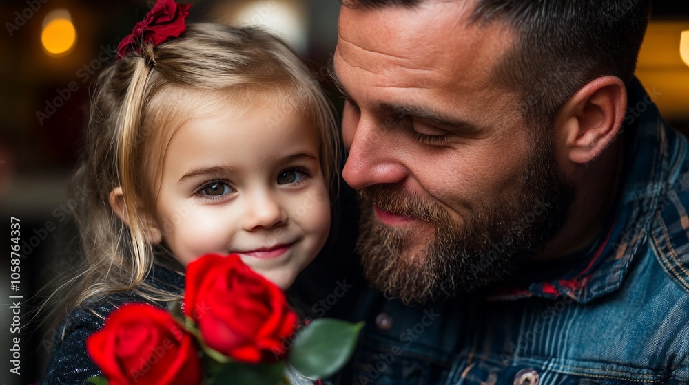 A father and daughter share a tender moment, the little girl holding a bouquet of red roses, both looking lovingly at each other.