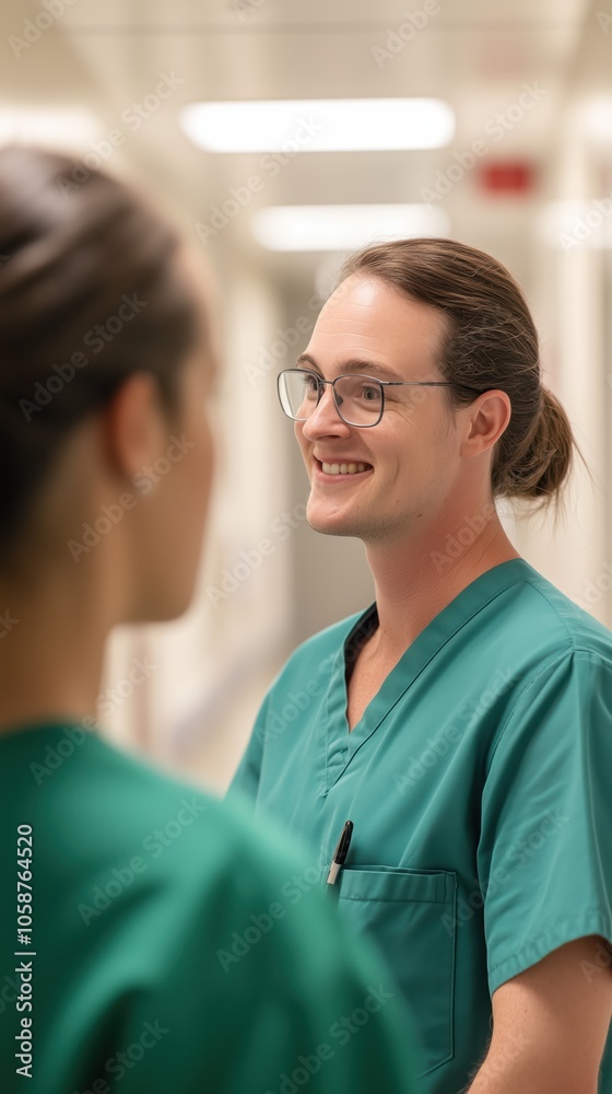 A medical intern is smiling and interacting with a fellow healthcare professional in a hospital corridor. The atmosphere reflects a collaborative and engaging workday A medical intern is smiling and interacting with a fellow healthcare professional in a hospital corridor. The atmosphere reflects a collaborative and engaging workday
