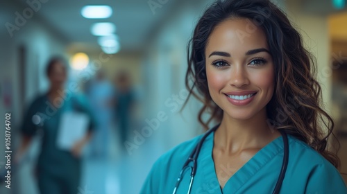 A friendly healthcare professional smiles brightly in a bustling hospital corridor filled with medical staff attending to patients and completing tasks