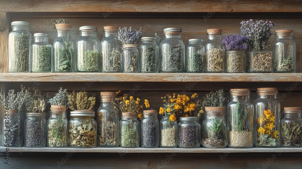 Glass Jars Filled with Dried Herbs on a Shelf Glass Jars Filled with Dried Herbs on a Shelf