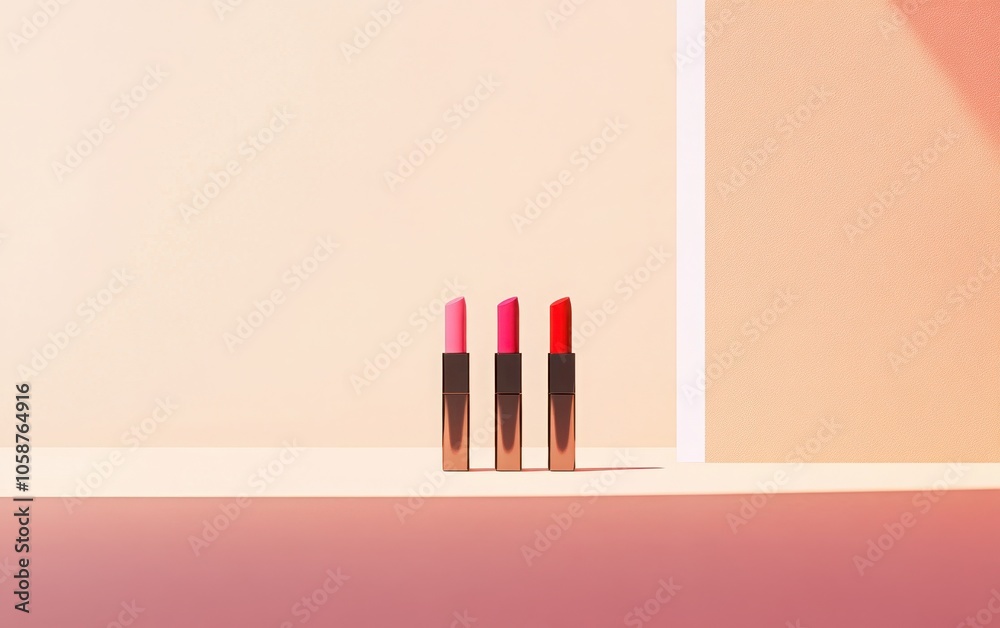 A minimalistic arrangement of four lipsticks in assorted shades of pink and red, displayed on a light peach surface with a white vertical line in the middle. A minimalistic arrangement of four lipsticks in assorted shades of pink and red, displayed on a light peach surface with a white vertical line in the middle.