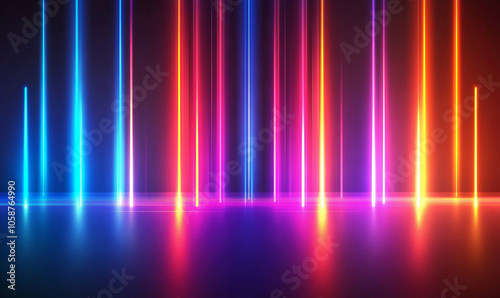 Fondo abstracto con rayos de neón de colores y rayas de luz sobre un fondo negro, creando un efecto de líneas láser brillantes. Ilustración digital de una explosión de resplandor rojo, azul, violeta y