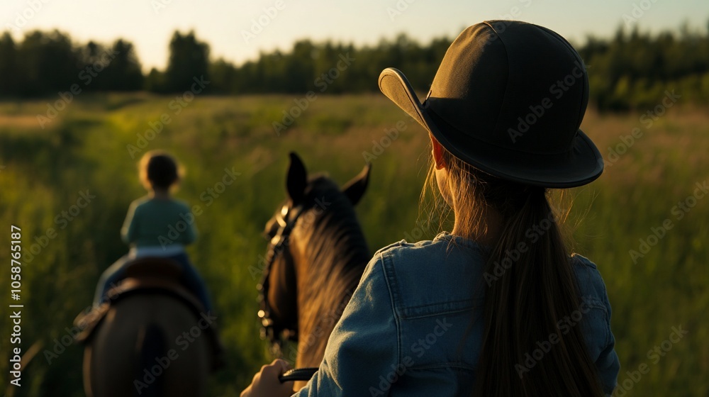 Two people horseback riding in a field at sunset. Two people horseback riding in a field at sunset.