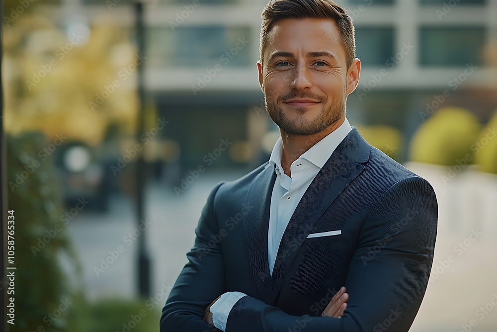 Happy Businessman in Blue Suit Outdoors with Blurred Background. Happy Businessman in Blue Suit Outdoors with Blurred Background.
