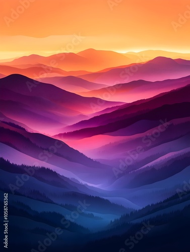 A stunning sunrise over rolling mountains, featuring vibrant hues of orange, purple, and pink illuminating the tranquil landscape, creating a serene and dreamlike atmosphere.