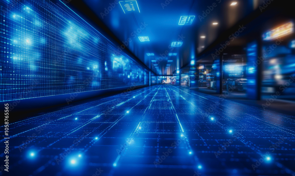 Fototapeta premium Experience a vibrant digital floor with intricate blue patterns and glowing lights, creating an expansive atmosphere of modern technology and innovative design. 