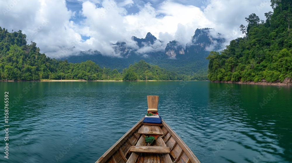 A wooden boat floats on a calm lake with lush green mountains in the background. A wooden boat floats on a calm lake with lush green mountains in the background.