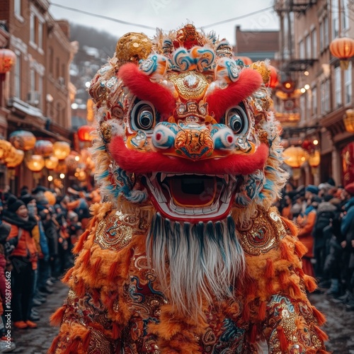 A vibrant Chinese New Year parade, featuring a mesmerizing dragon dance, lantern-adorned floats, and streets filled with joyful spectators