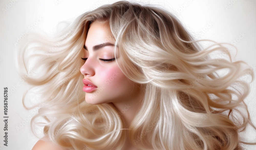 A beautiful woman with flowing, voluminous blonde hair and soft makeup, exuding elegance and grace in a minimalistic, light-filled setting. A beautiful woman with flowing, voluminous blonde hair and soft makeup, exuding elegance and grace in a minimalistic, light-filled setting.